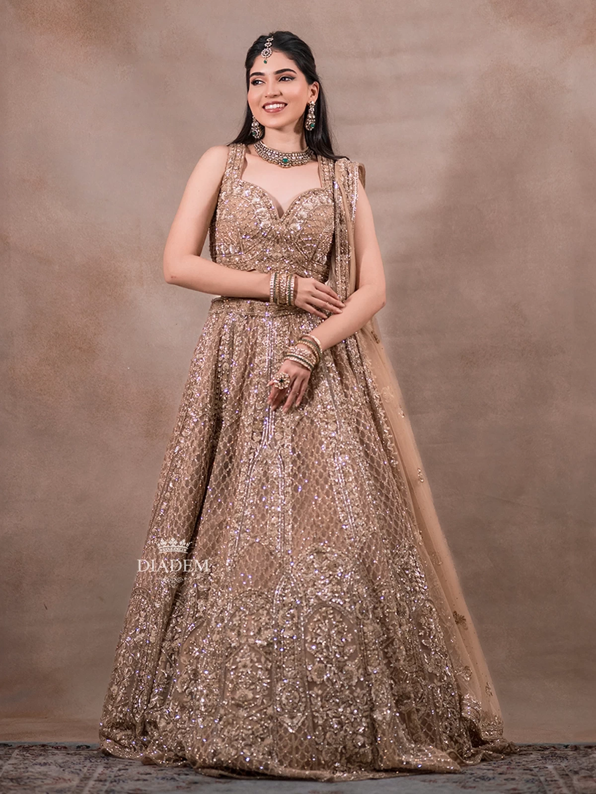 Beige Net Lehenga Embellished With Stone Work And Sequins, Paired With Dupatta