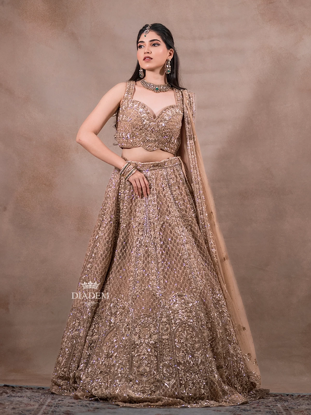 Beige Net Lehenga Embellished With Stone Work And Sequins, Paired With Dupatta
