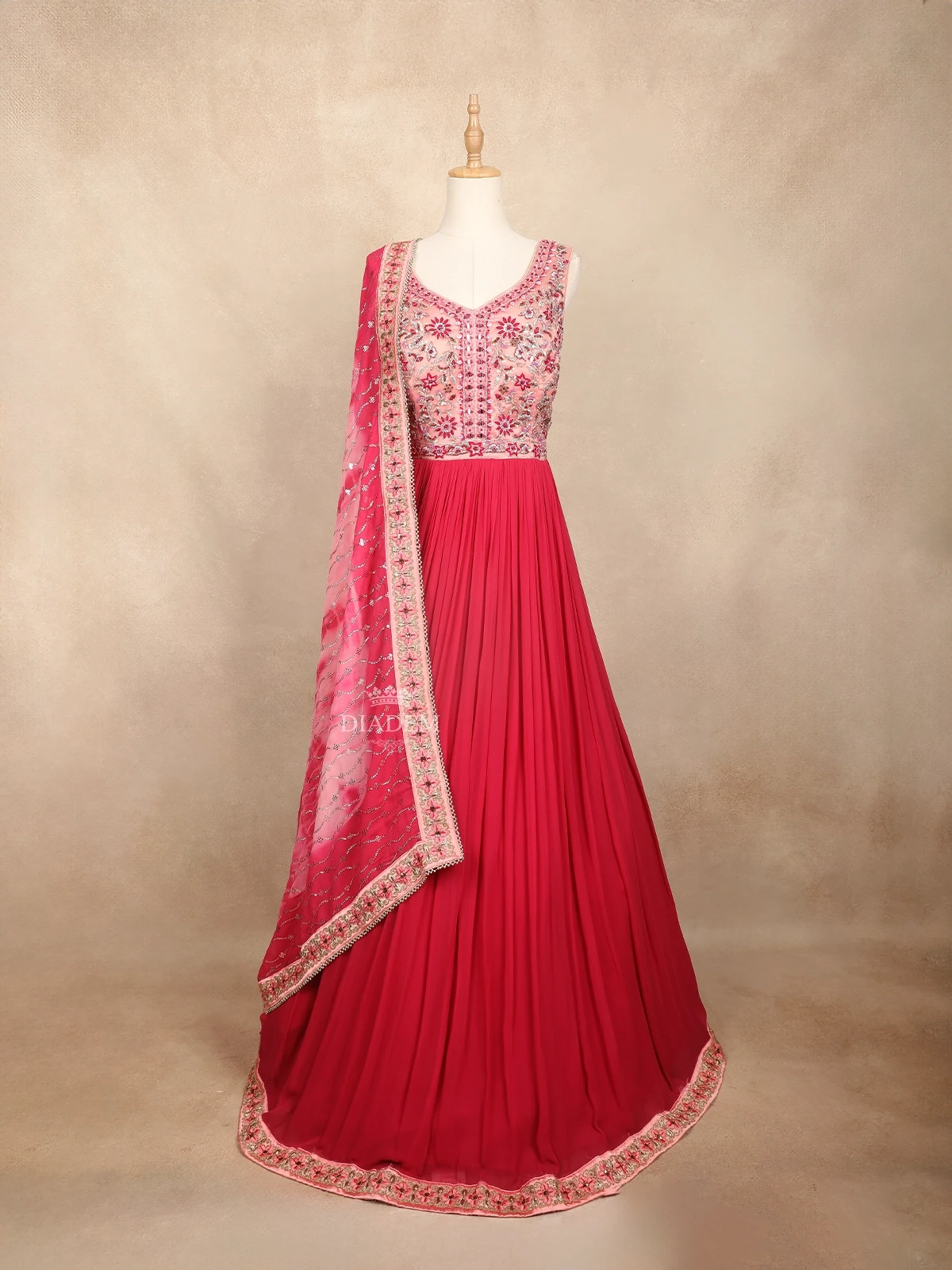 Pink Gown Embellished with Sequins and Embraided Flower Design with Dupatta