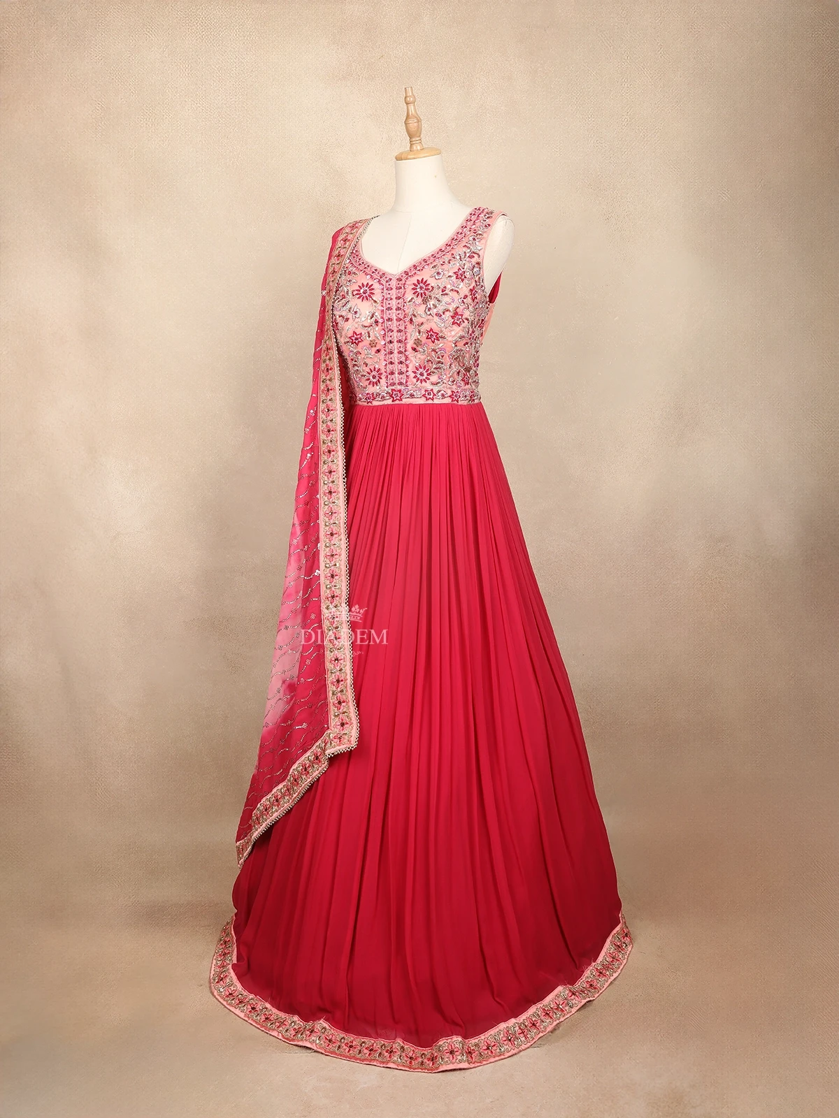 Pink Gown Embellished With Sequins And Embraided Flower Design With Dupatta