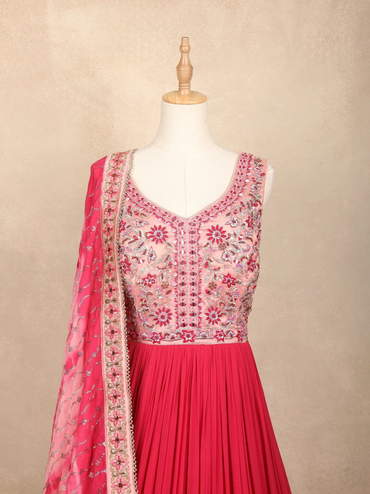 Pink Gown Embellished With Sequins And Embraided Flower Design With Dupatta
