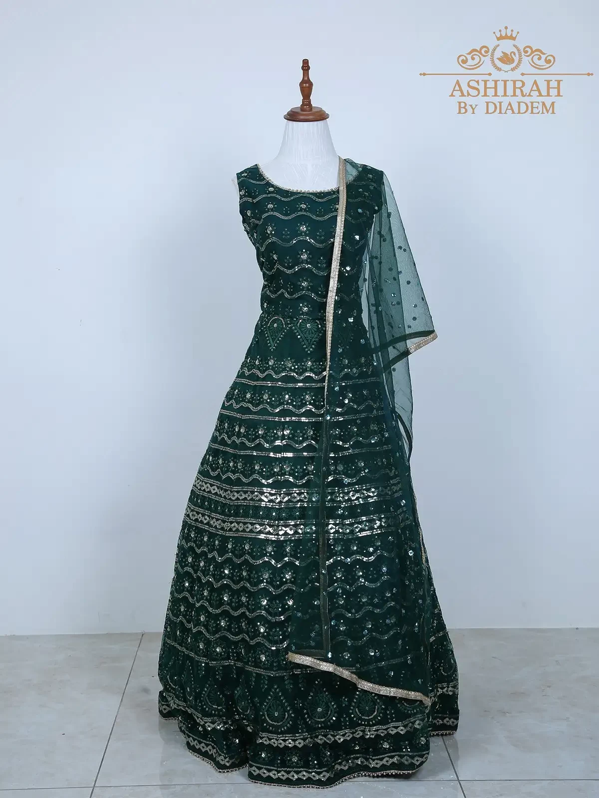 Dark Green Embroidery Net Lehenga With Dupatta