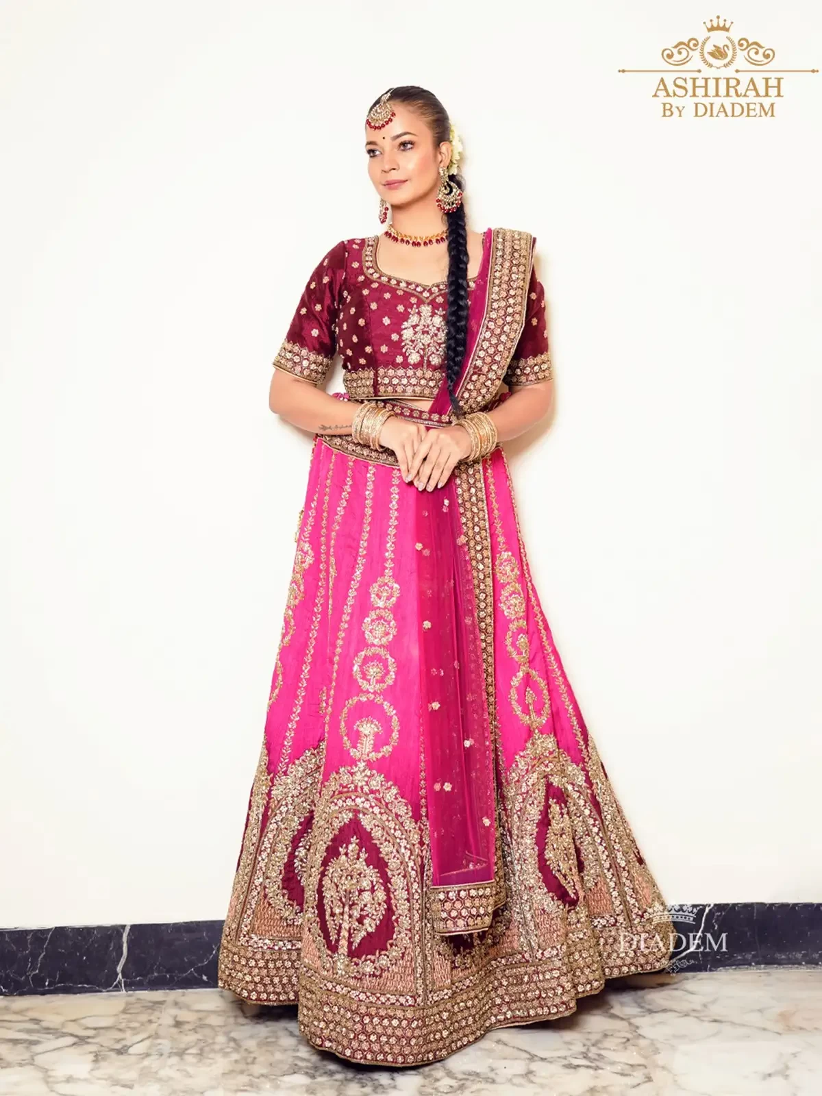 Pink Bridal Lehenga Embellished with Floral Design Beads and Stones with Dupatta