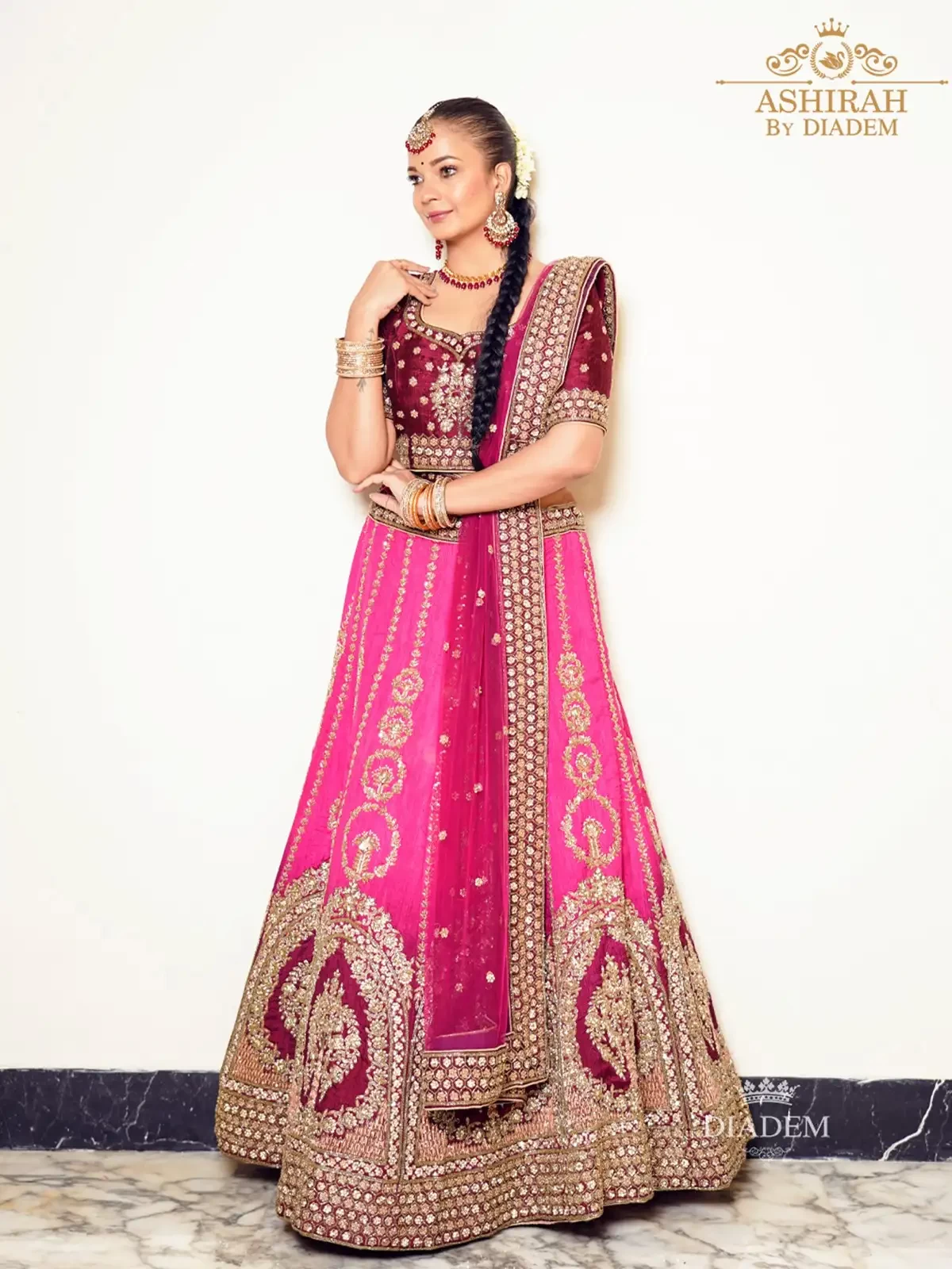 Pink Bridal Lehenga Embellished With Floral Design Beads And Stones With Dupatta