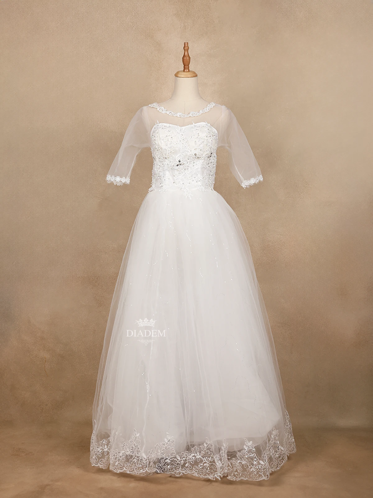White Net Gown Adorned with Floral Lace And Stone Work A-line Wedding Gown
