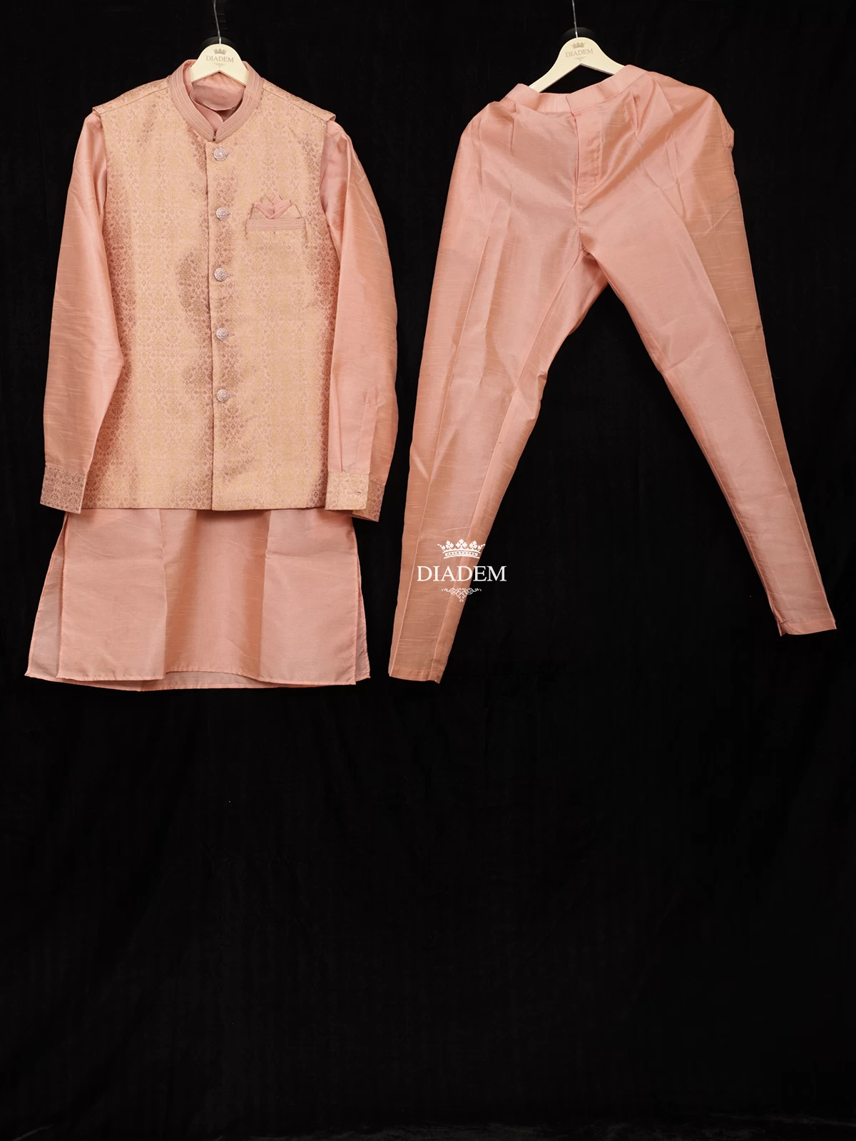 Dark Peach Raw Silk Kurta With Matching Pant And Jacquard Overcoat