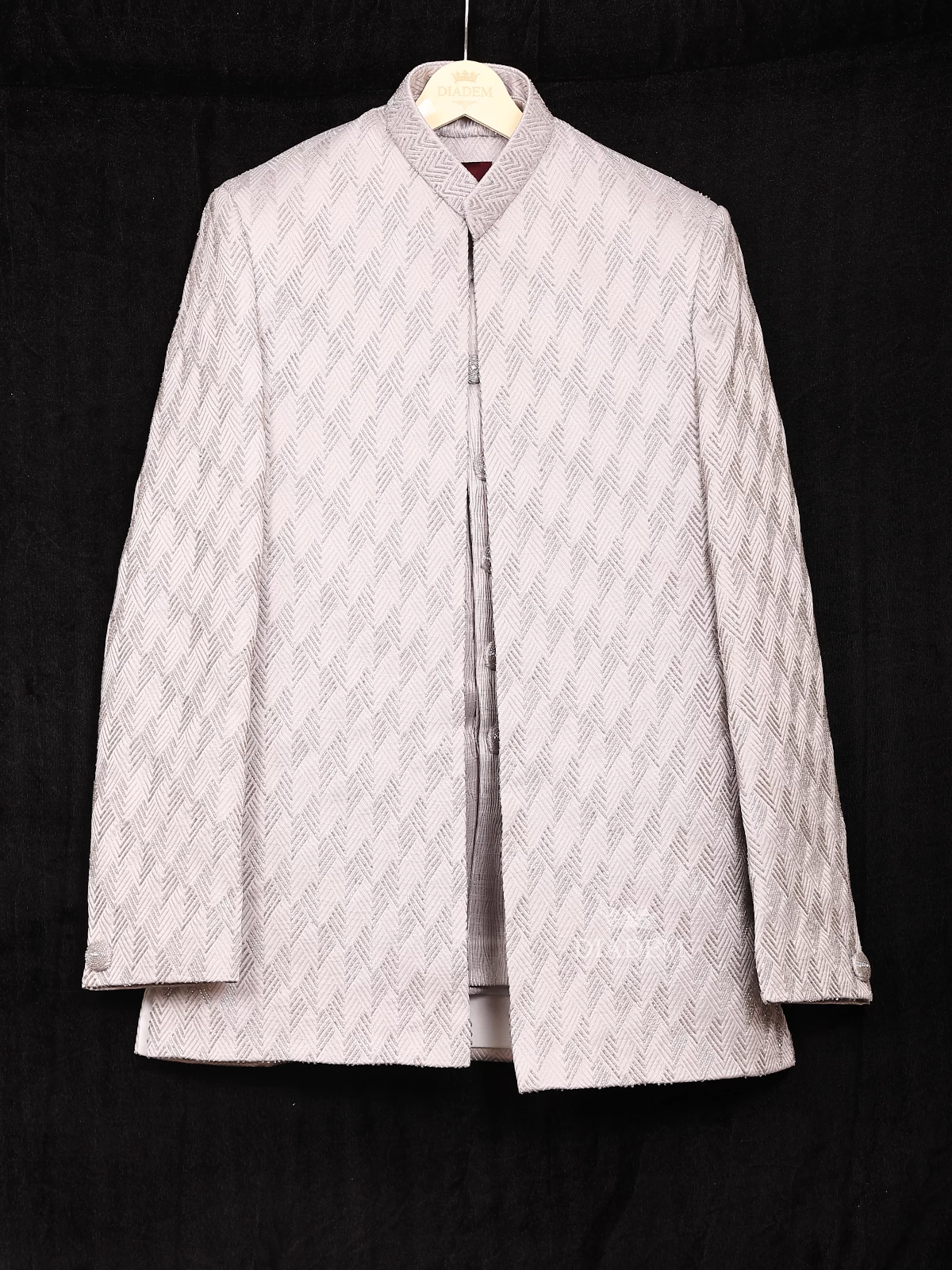 Light Grey Raw Silk Sherwani Suit With Jacquard Pattern