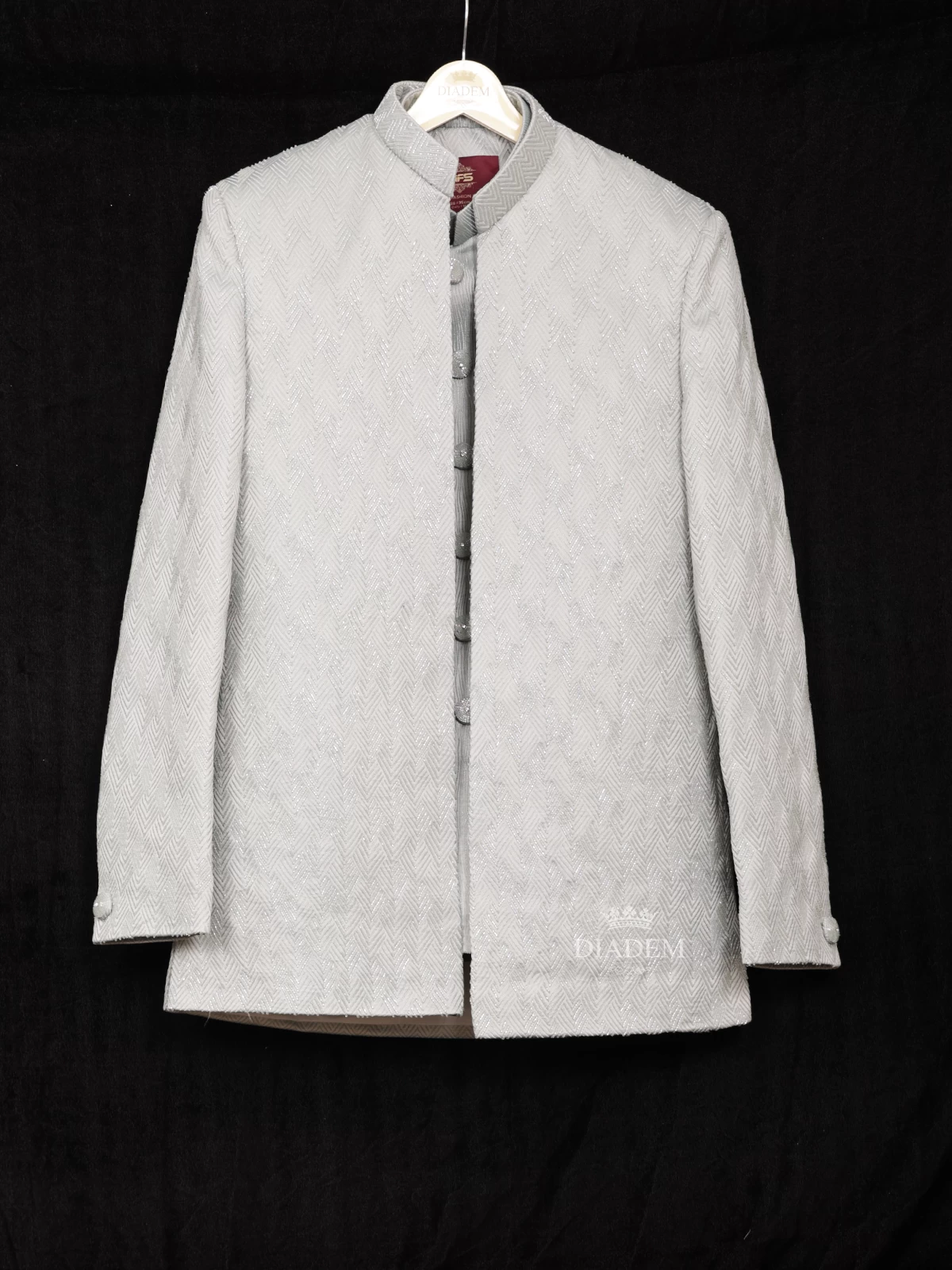 Mint Grey Raw Silk Sherwani Suit With Jacquard Pattern