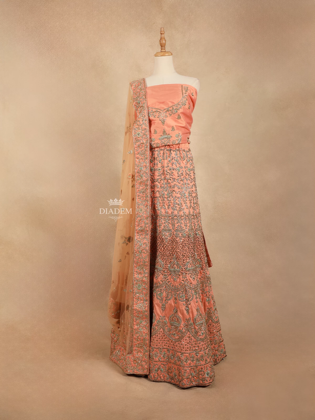 Peach Silk Semi Stitched Embroidered Bridal Lehenga with Dupatta