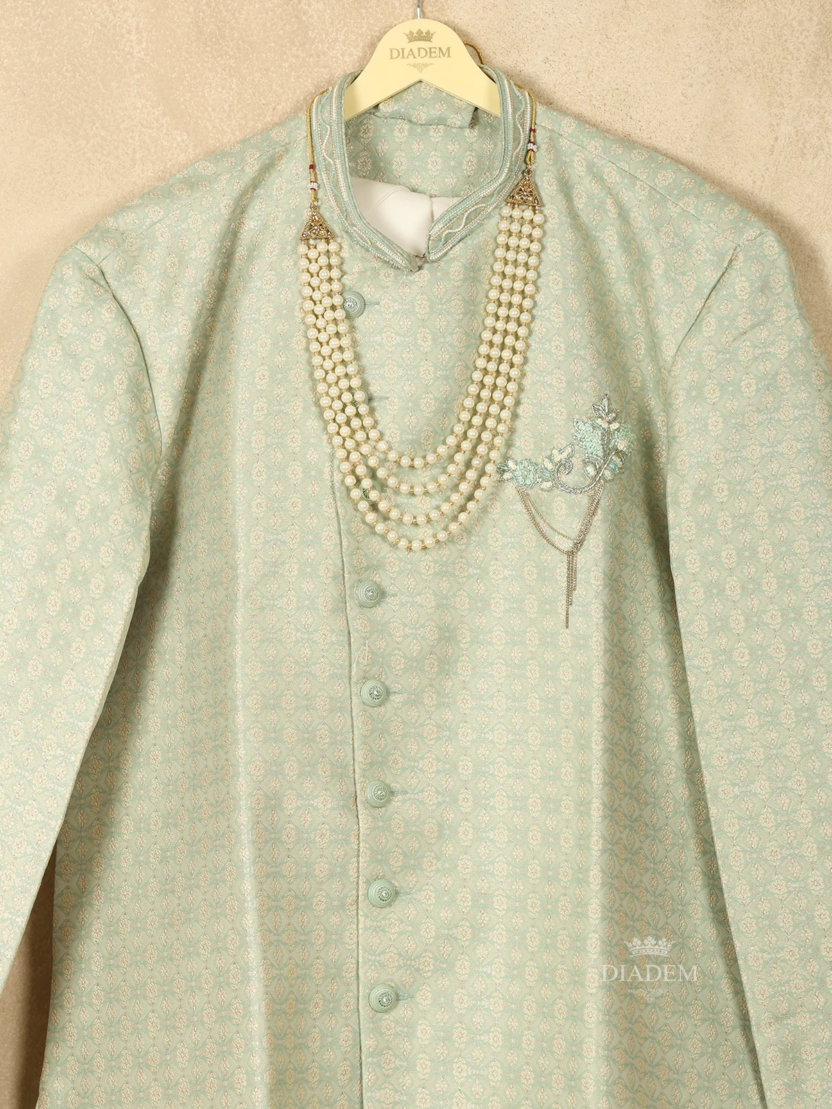 Pista Green Raw Silk Printed Sherwani Suit With Beaded Mala And Brooch