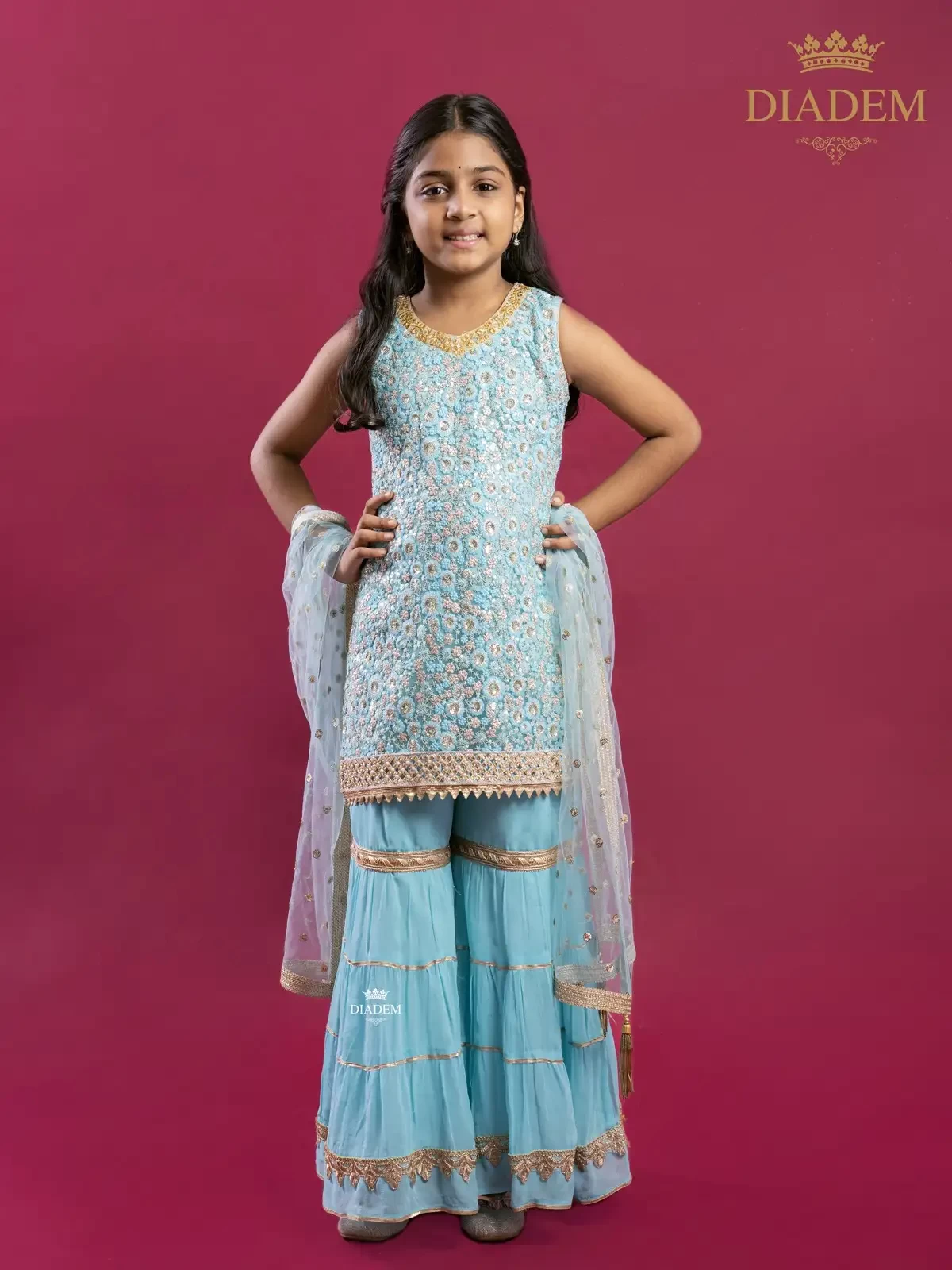 Blue Sharara Suit Embellished In Floral Sequins And Threads With Dupatta