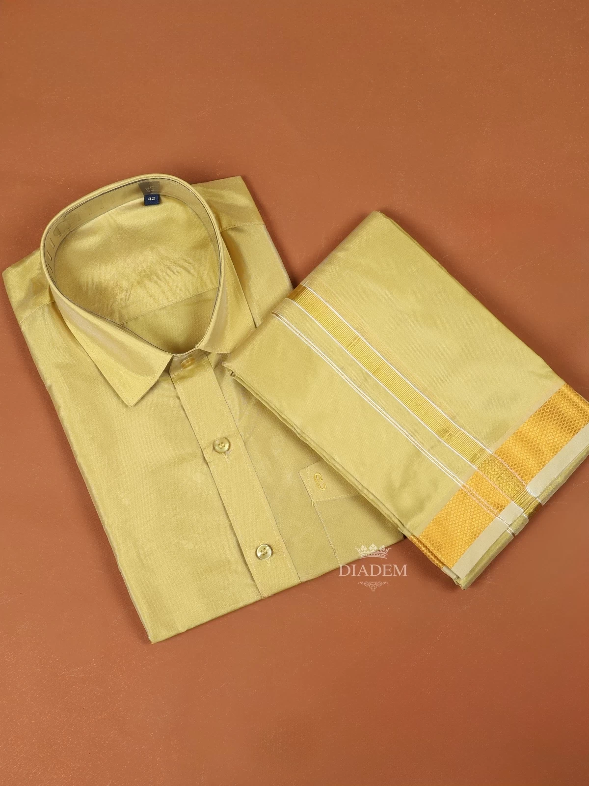 Gold Plain Semi Silk Full-sleeve Shirt With Matching Dhoti And Towel Set