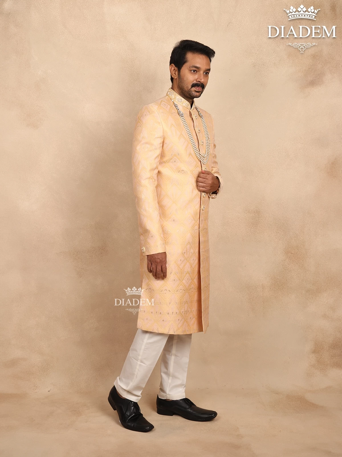 Sandal Jacquard Sherwani Suit Adorned With Embossed Details, Paired With Bead Mala