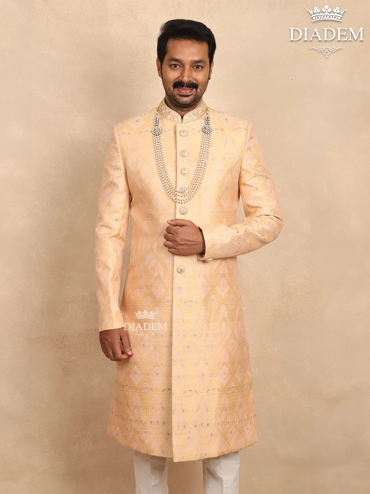 Sandal Jacquard Sherwani Suit Adorned With Embossed Details, Paired With Bead Mala