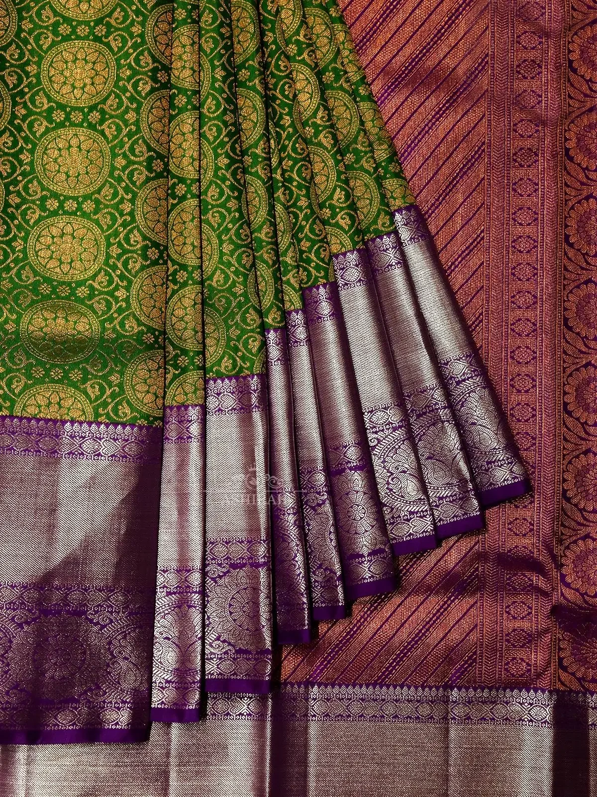 Leaf Green Pure Kanchipuram Silk Saree with Zari Brocade on the body and Design Motifs Zari Border