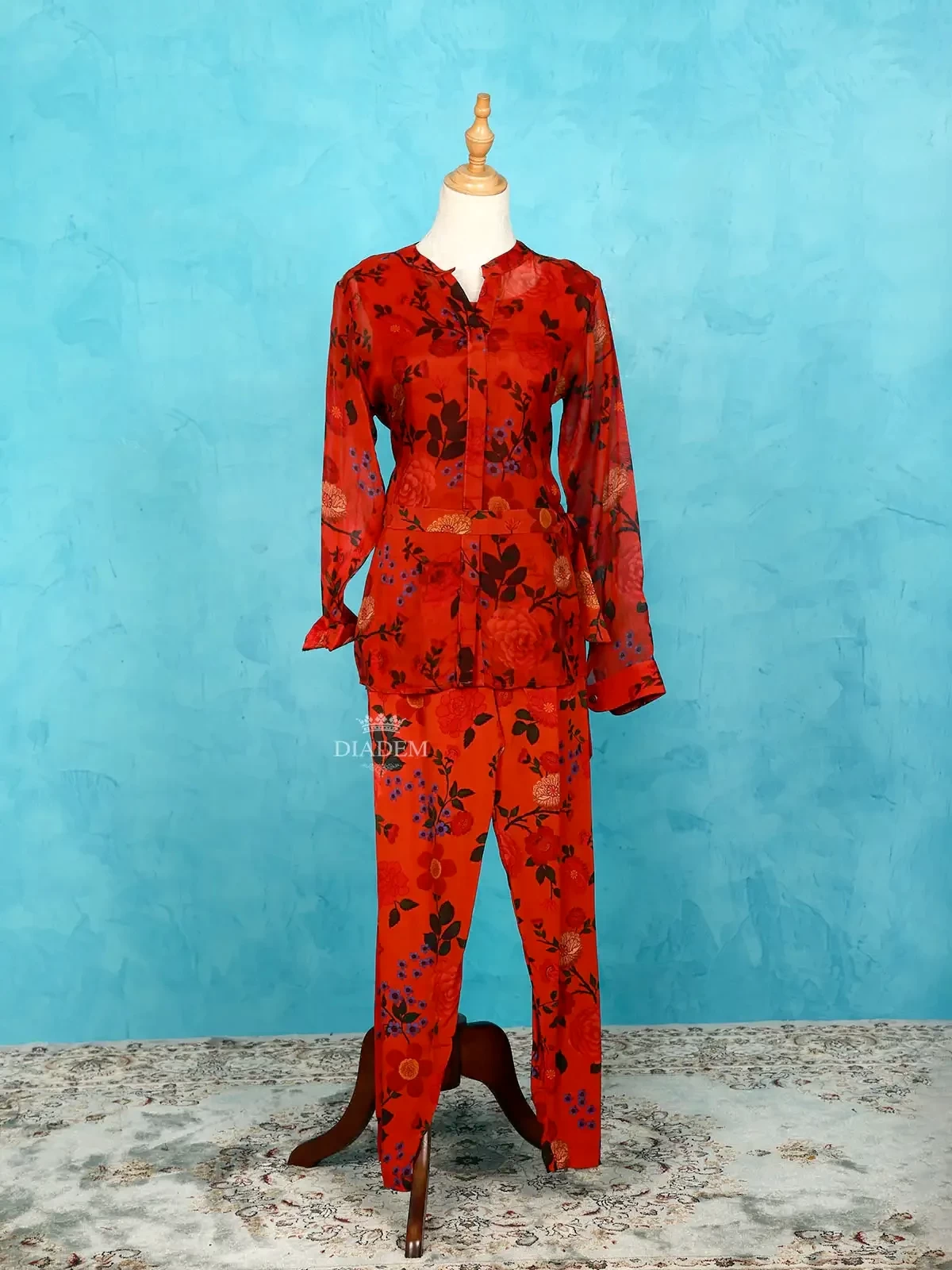 Red Floral Prints Suit along with Blouse, Pant and Waist Belt