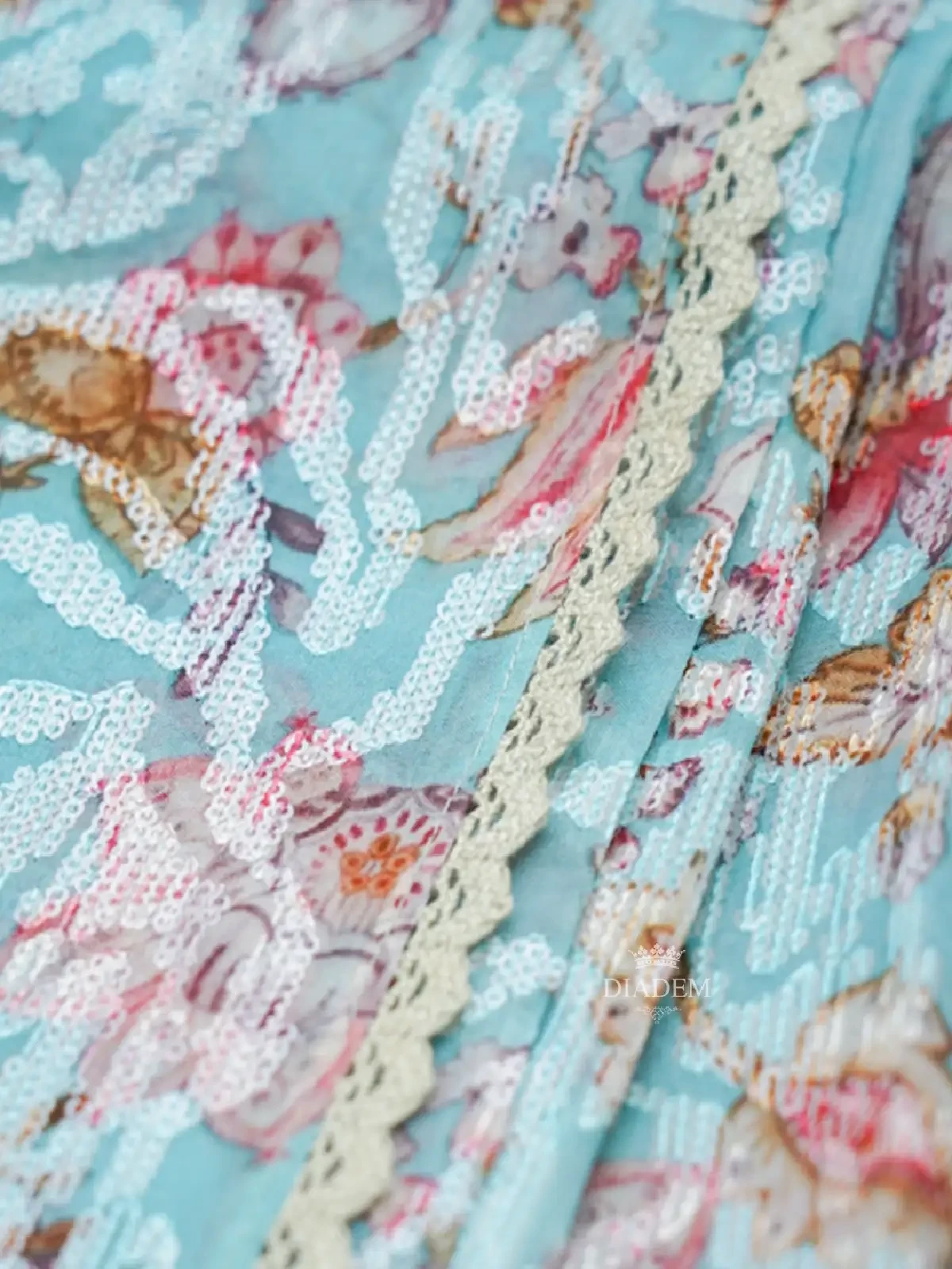 Light Blue Organza Silk Saree Adorned With Floral Prints And Sequins