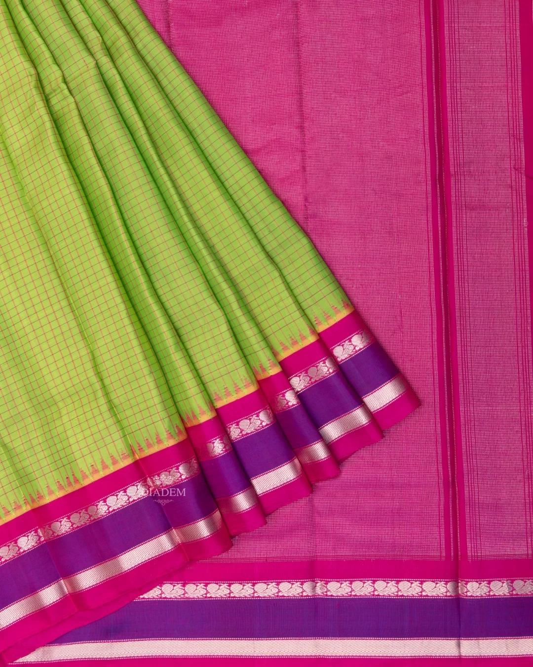 Parrot Green Gadwal Silk Saree With Checked Design On The Body And Temple Zari Border