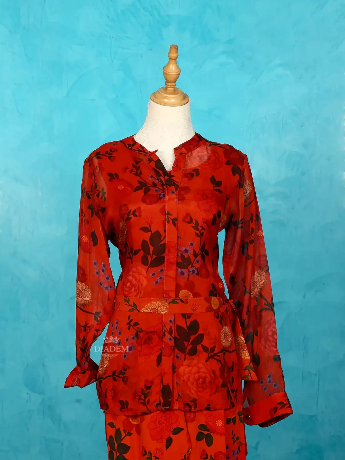 Red Floral Prints Suit Along With Blouse, Pant And Waist Belt