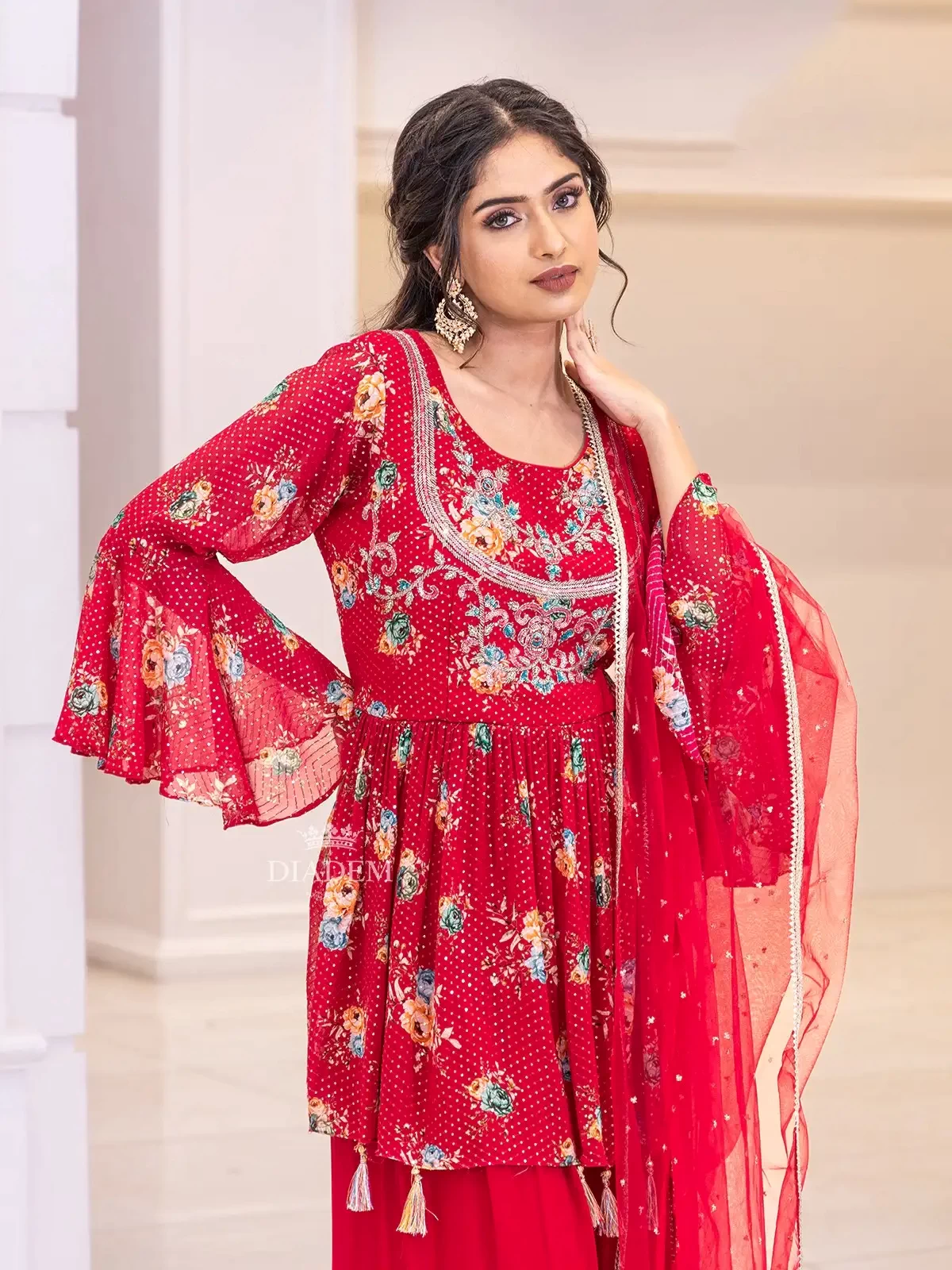 Red Pink Georgette Sharara Suit With Floral Print And Sequins Embellished Crop Top Along With Dupatta