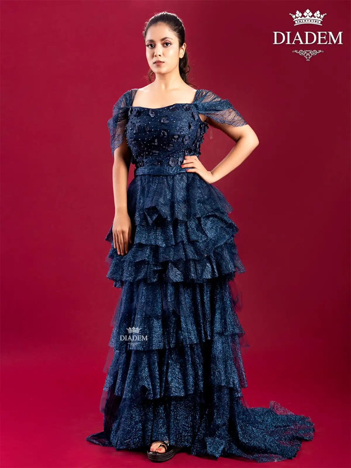 Navy Blue Gown Embellished With Shimmers And Crystal Beads