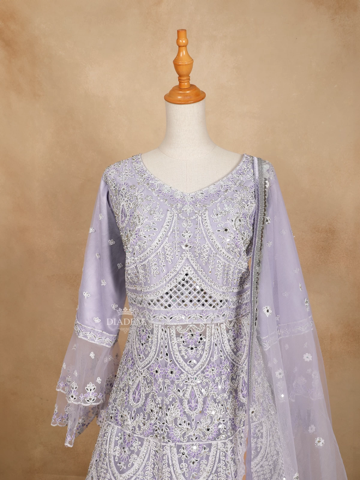 Lavender Net Lehenga Embellished With Threadwork Embroidery Paired With Matching Net Dupatta