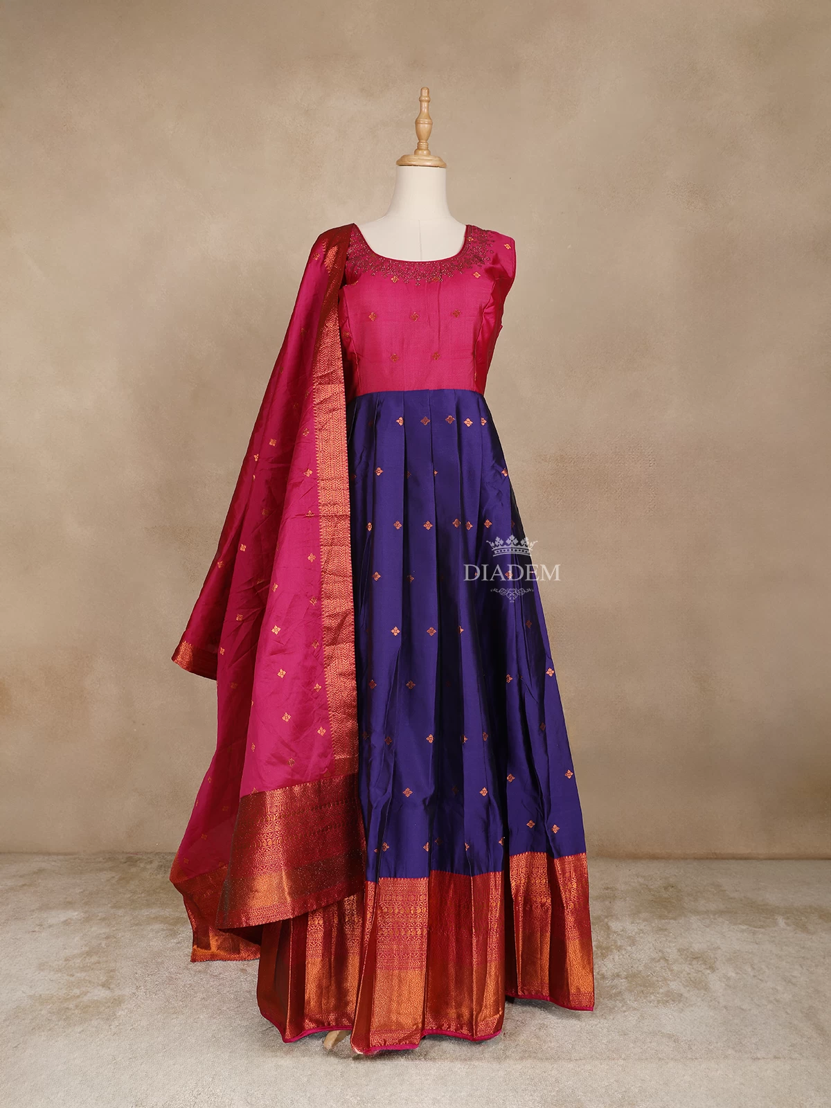 Pink with Blue Gown Adorned with Sequins and Floral Design Paired with Dupatta