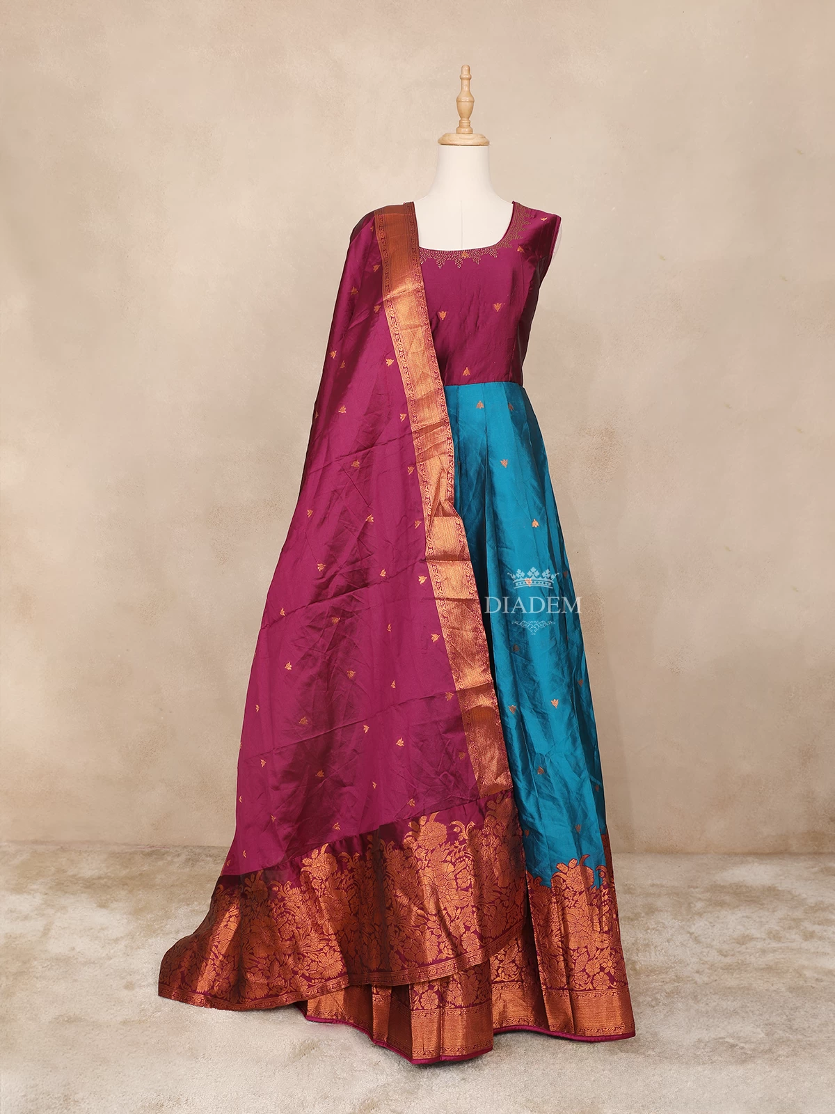 Burgandy Gown Adorned with Sequins and Floral Design Paired with Dupatta