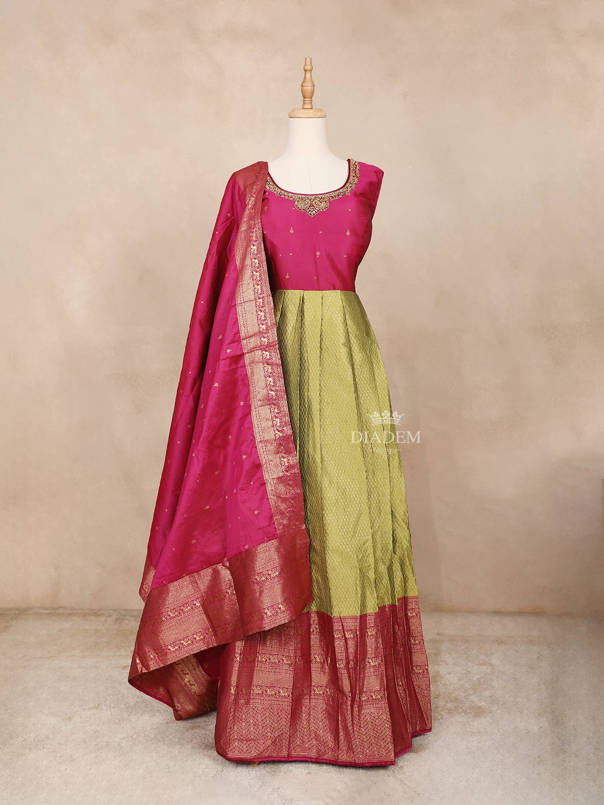 Pink With Green Gown Adorned with Sequins and Floral Design Paired with Dupatta