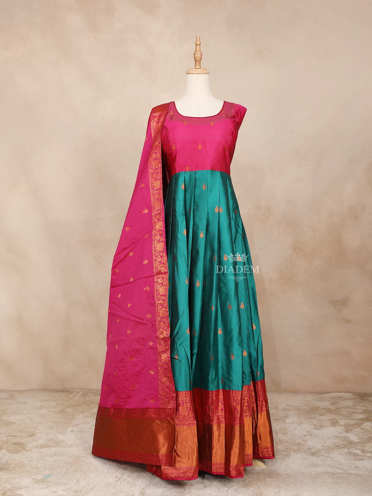 Pink Gown Adorned with Floral Designs Paired with Dupatta