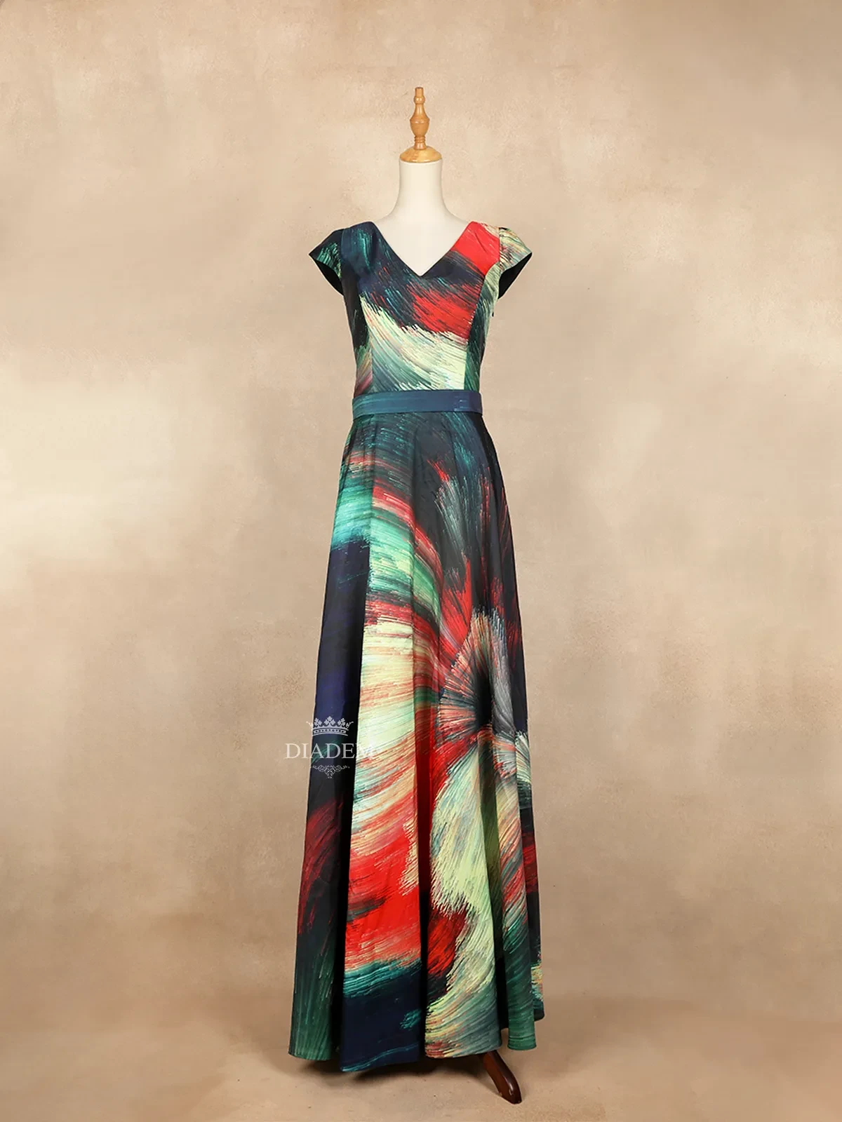 Multicolor Gown adorned with Allover Printed Design with Cap Sleeve