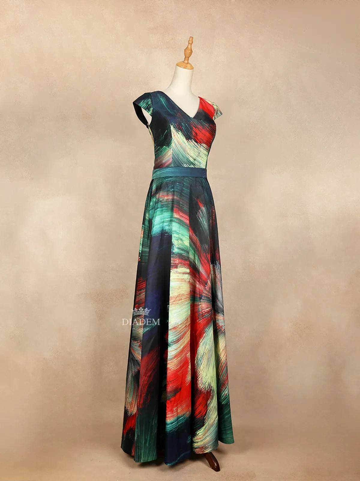 Multicolor Gown Adorned With Allover Printed Design With Cap Sleeve