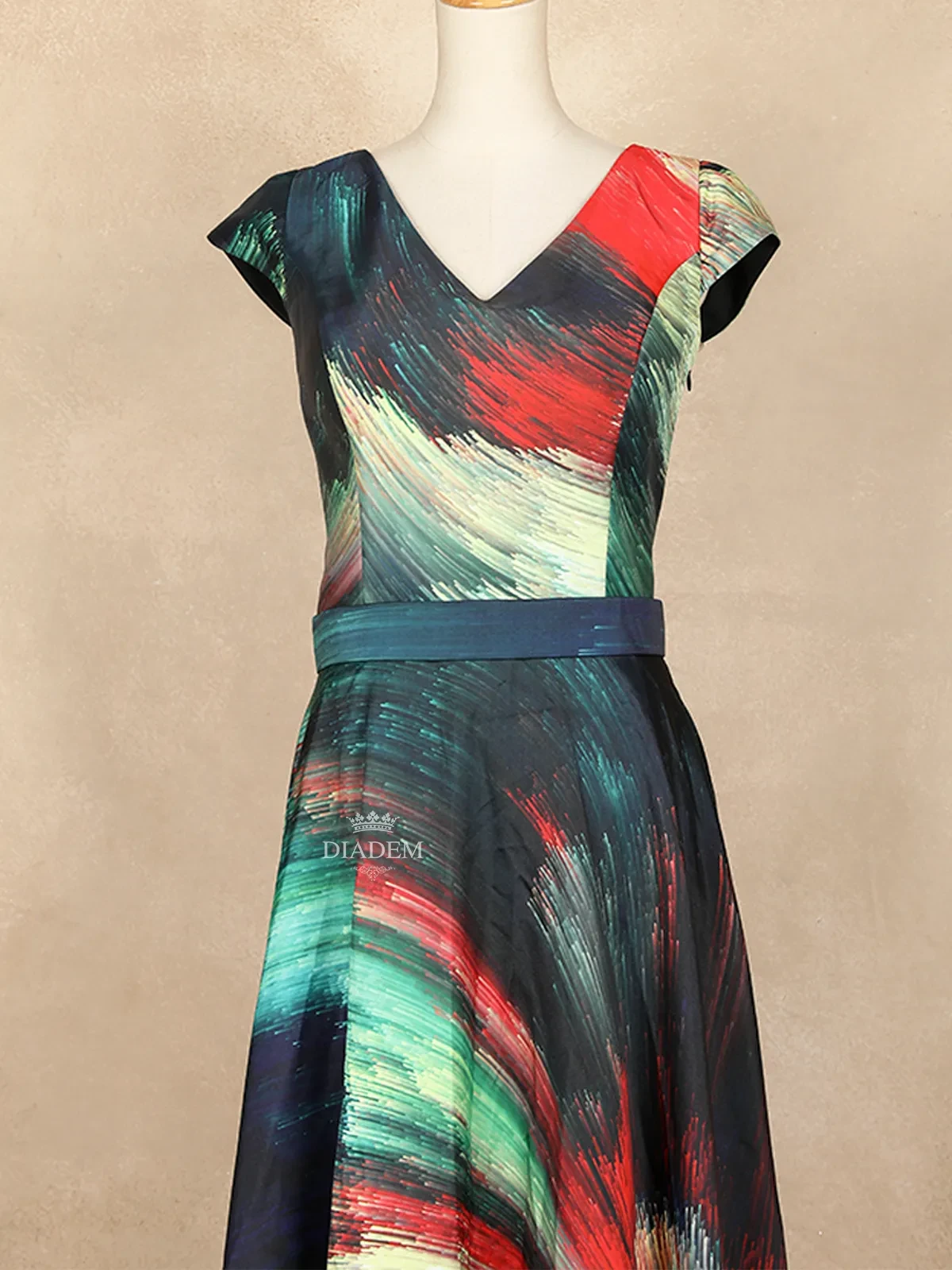 Multicolor Gown Adorned With Allover Printed Design With Cap Sleeve