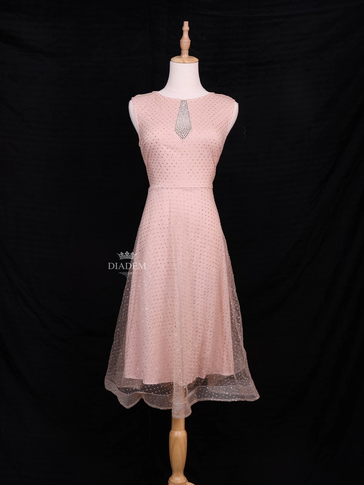 Peach Satin And Net Short Gown Adorned With Glitter Work