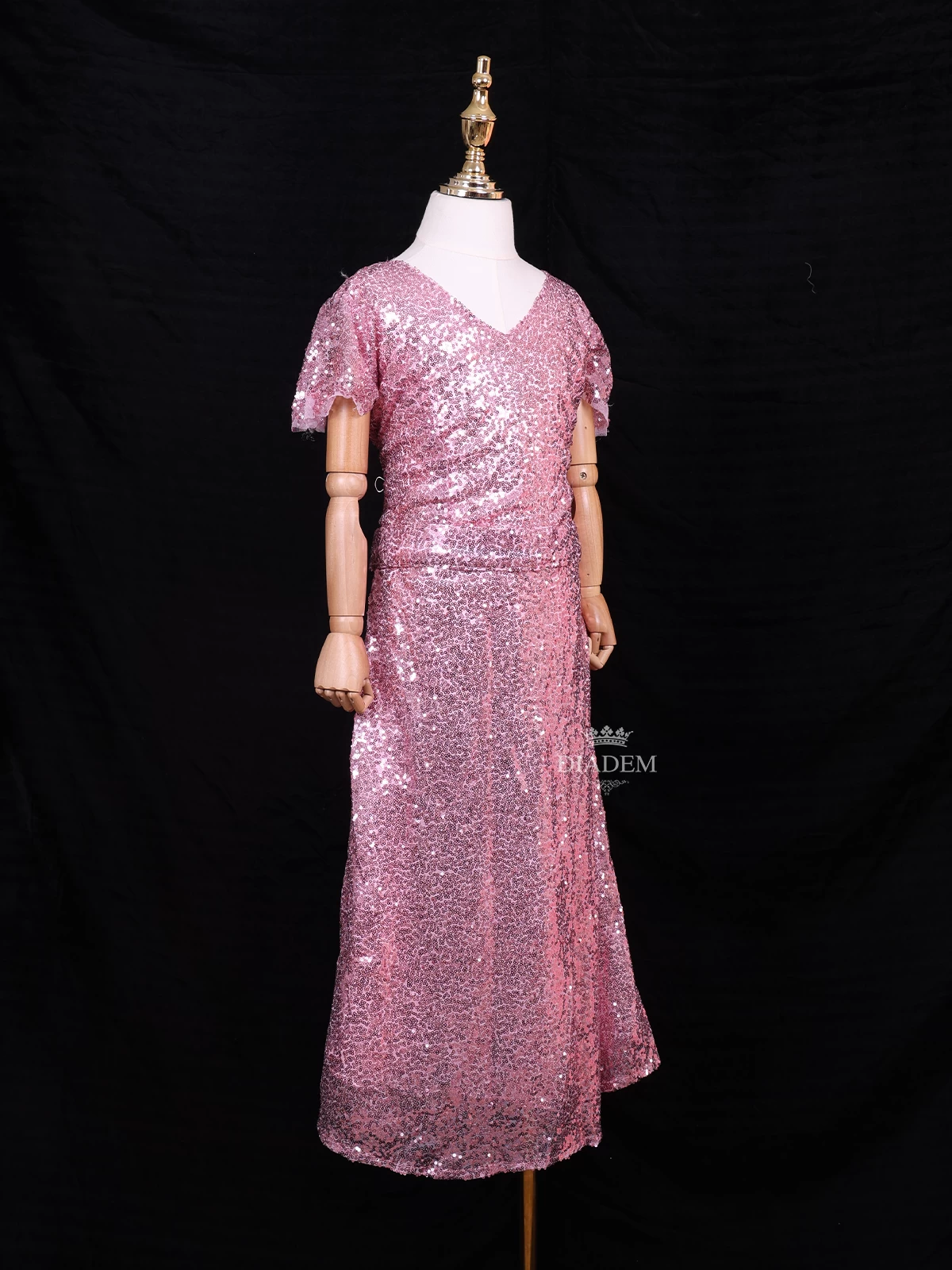 Light Pink Net Short Gown Embellished With Full Sequins And Waist Belt