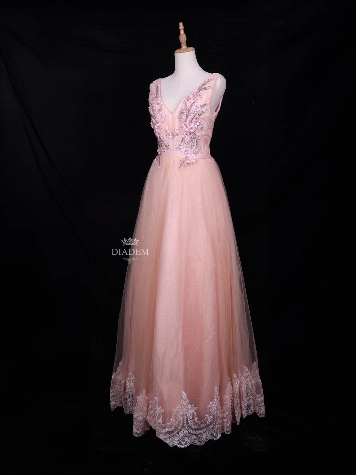 Light Peach Net Gown Adorned With Floral Threadwork Embroidery And 3d Flowers