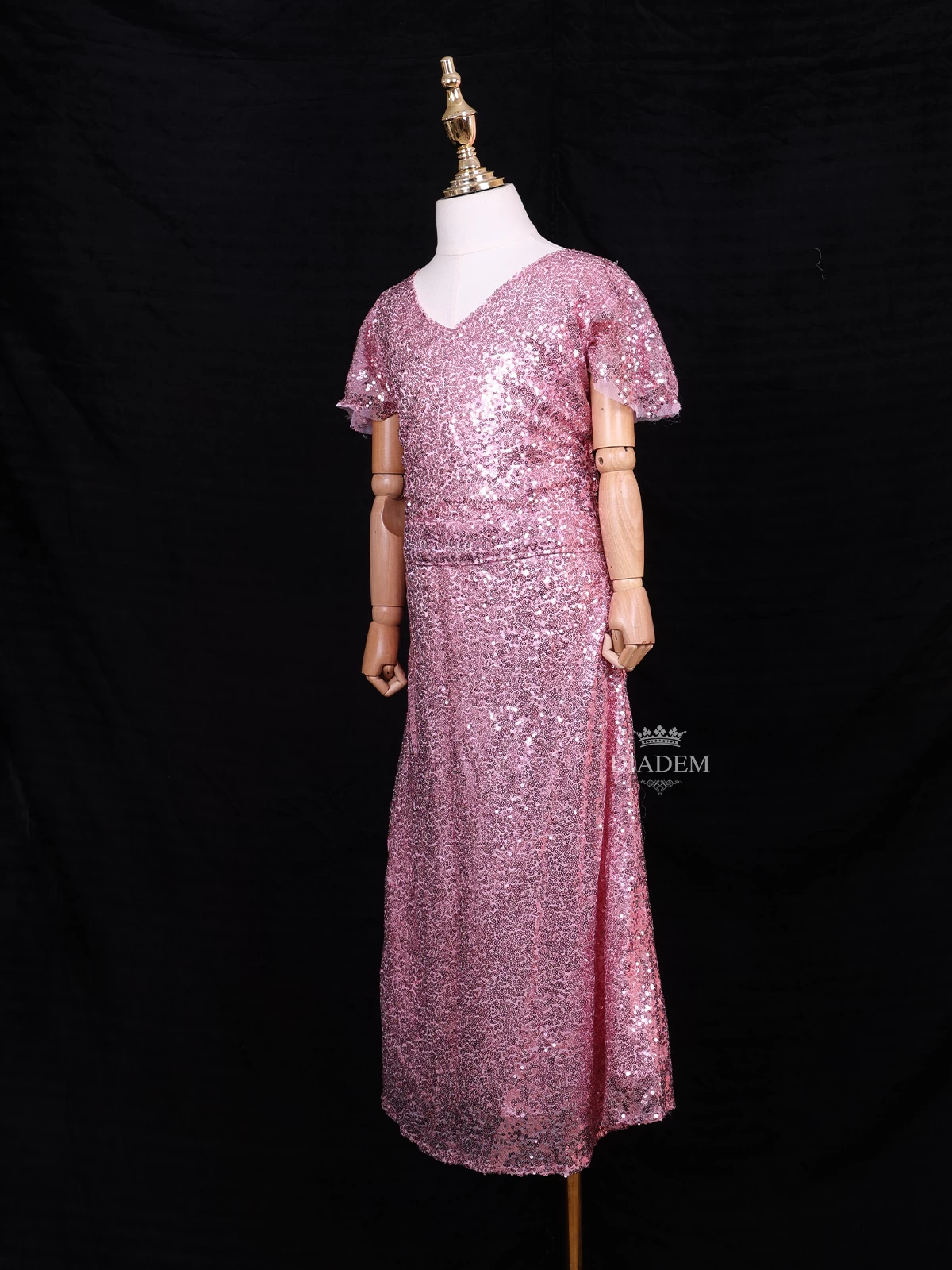 Light Pink Net Short Gown Embellished With Full Sequins And Waist Belt
