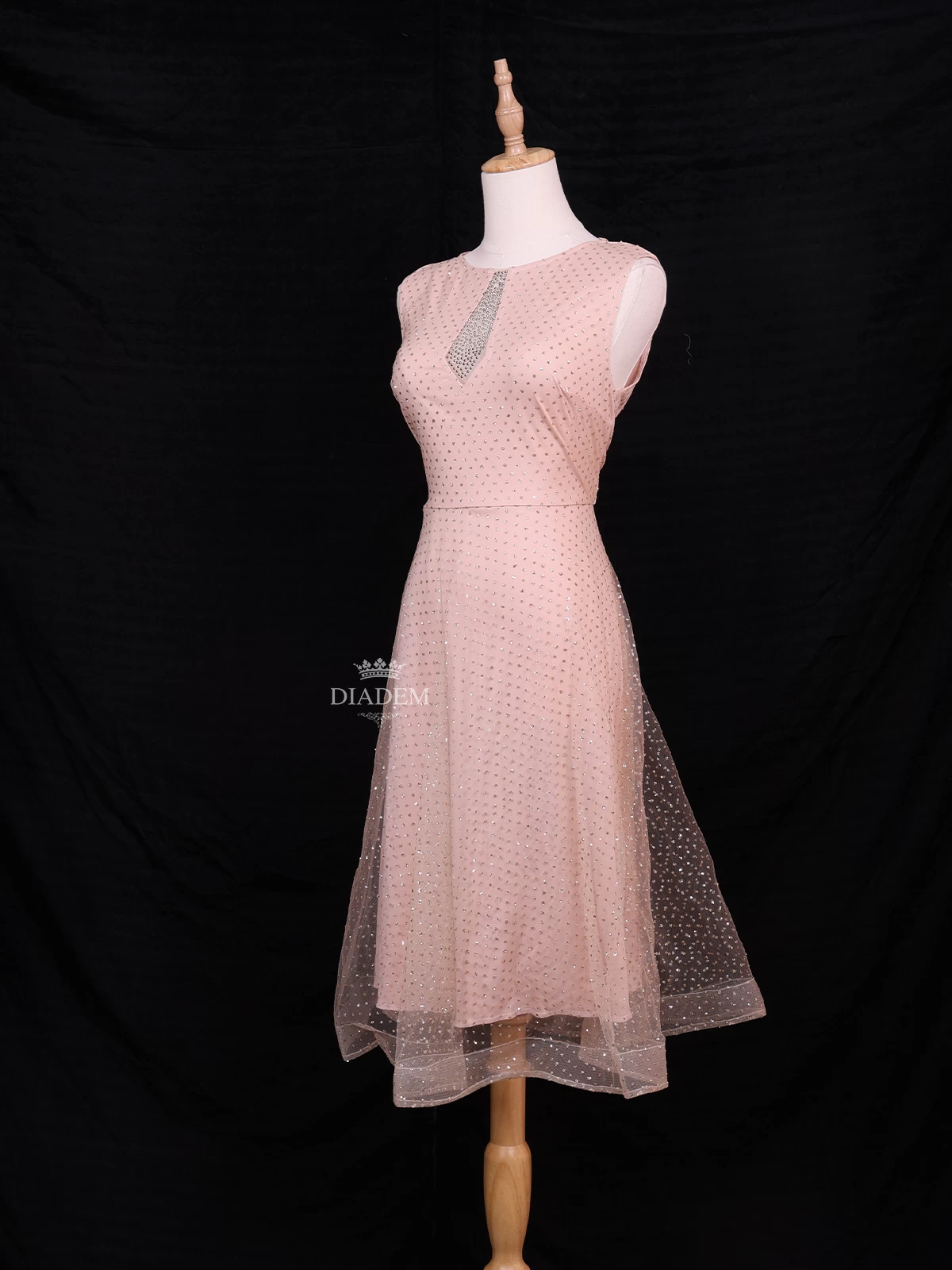Peach Satin And Net Short Gown Adorned With Glitter Work