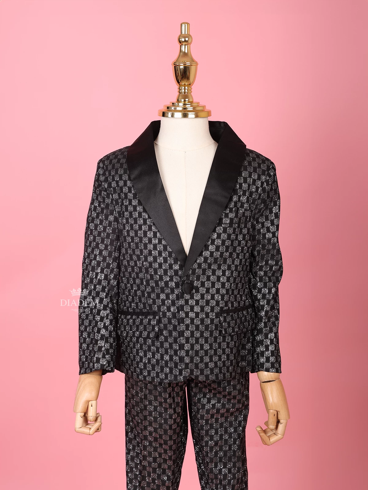 Black And Silver Shimmer Tuxedo With Checked Pattern Coat Suit For Boys
