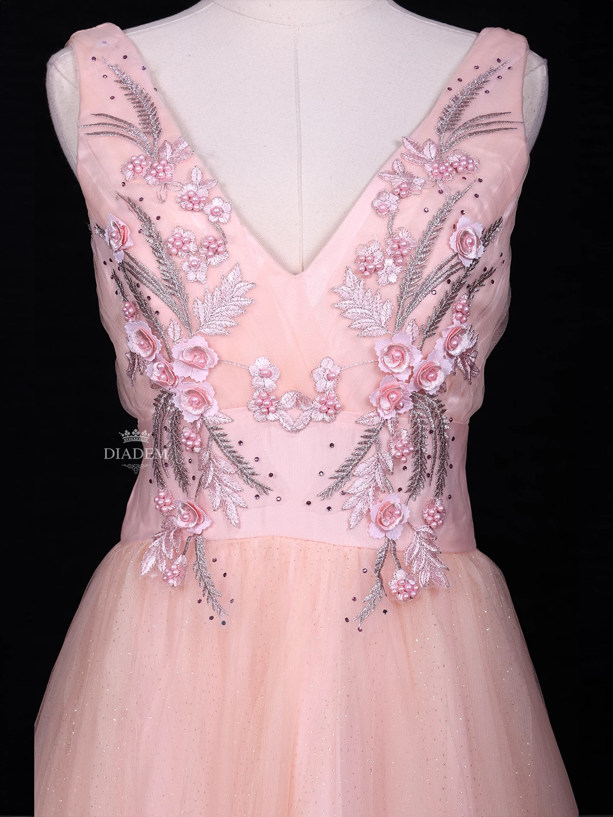 Light Peach Net Gown Adorned With Floral Threadwork Embroidery And 3d Flowers