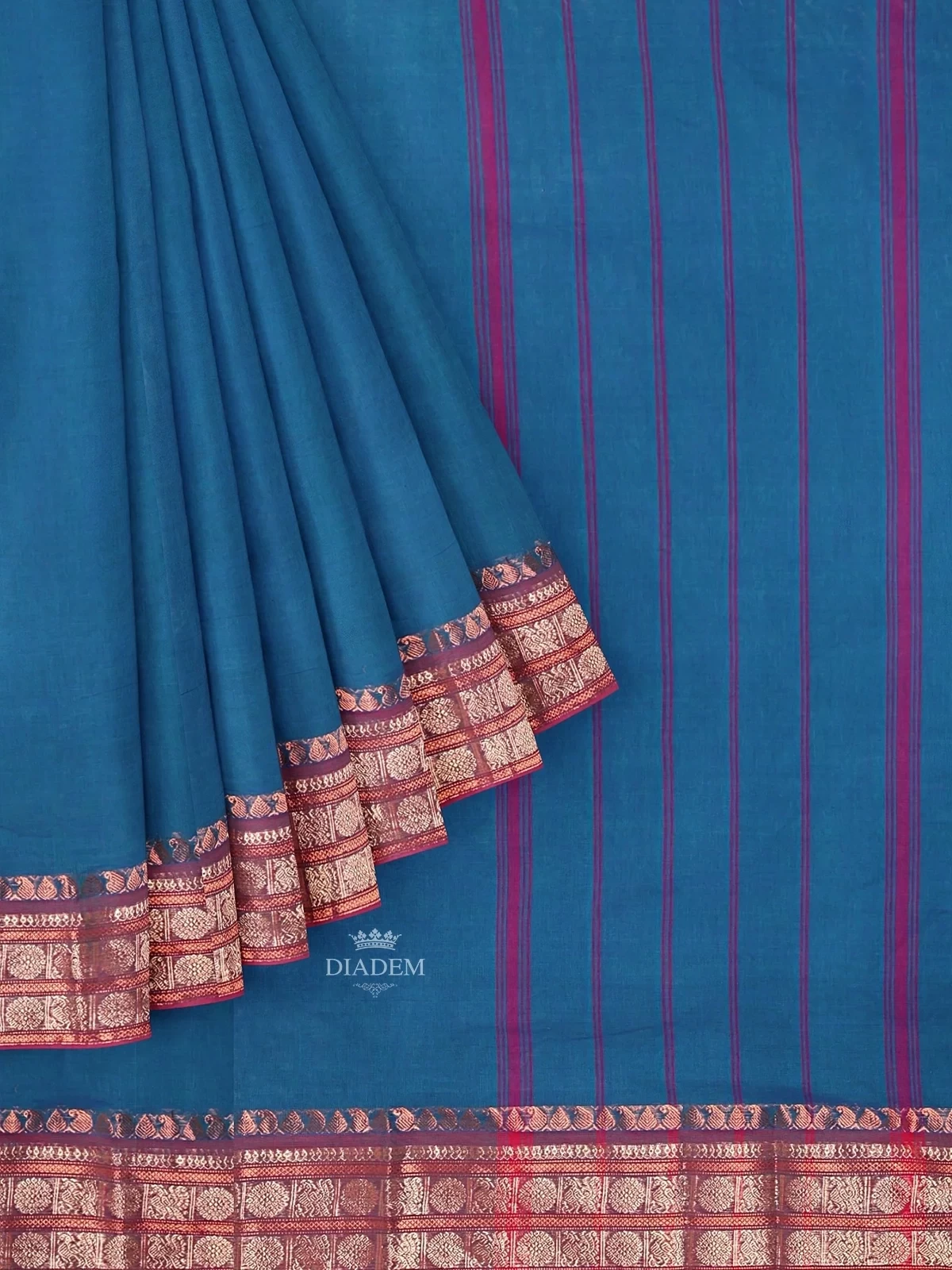 Peacock Blue Kanchi Cotton Saree with Plain Thread Butta on the body and Zari Border