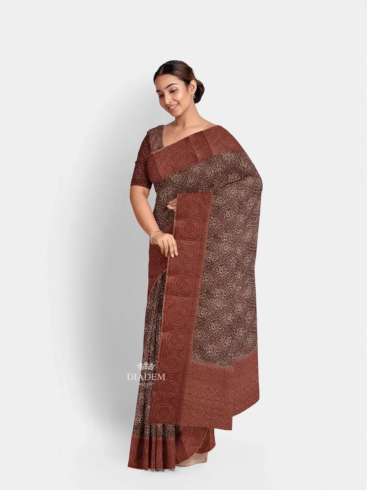 Brown Chanderi Silk Cotton Saree With Floral Prints On The Body And Zari Border