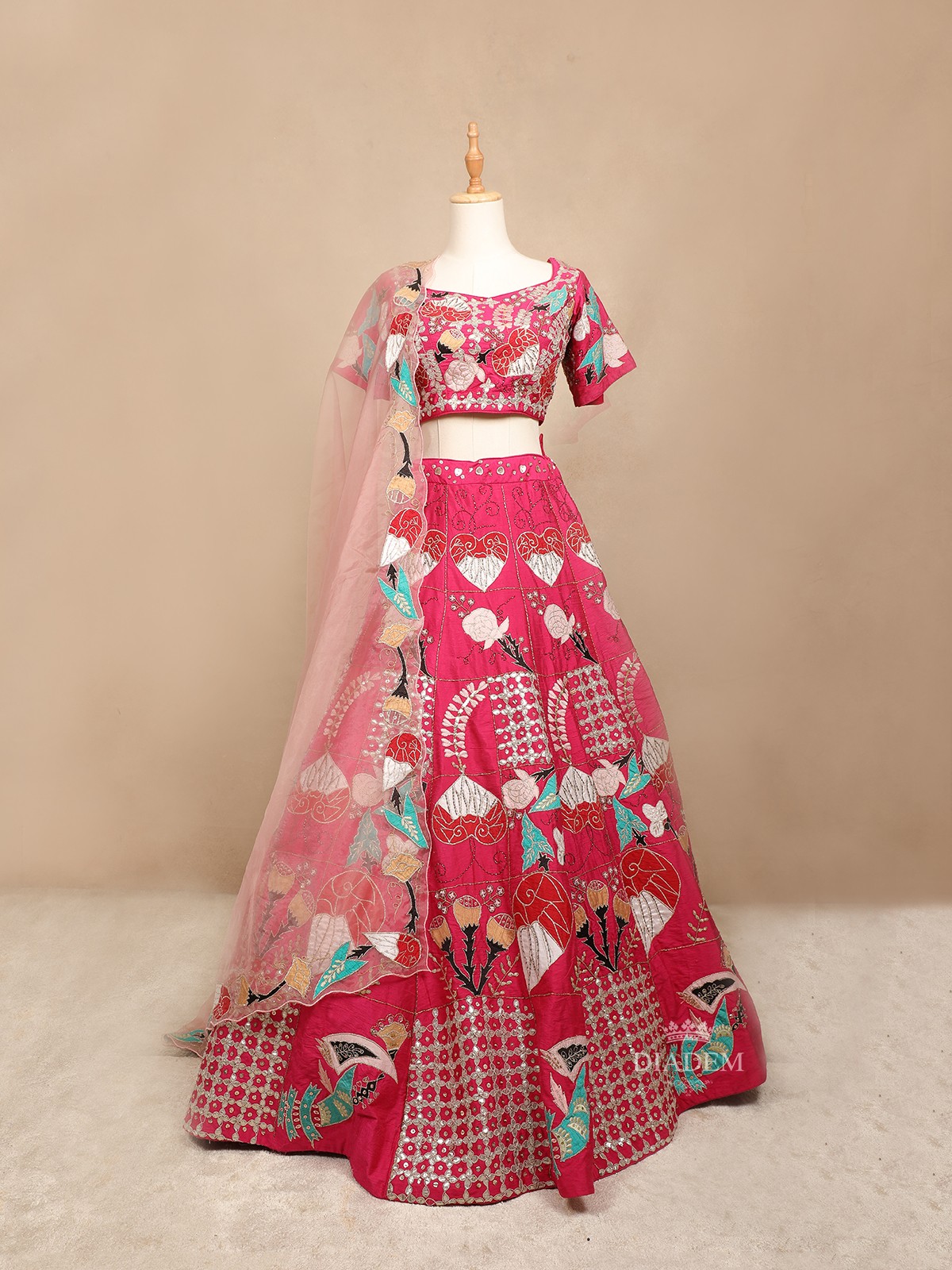 Red Pink Raw Silk Lehenga Adorned with Floral Embroideries, Paired with Dupatta
