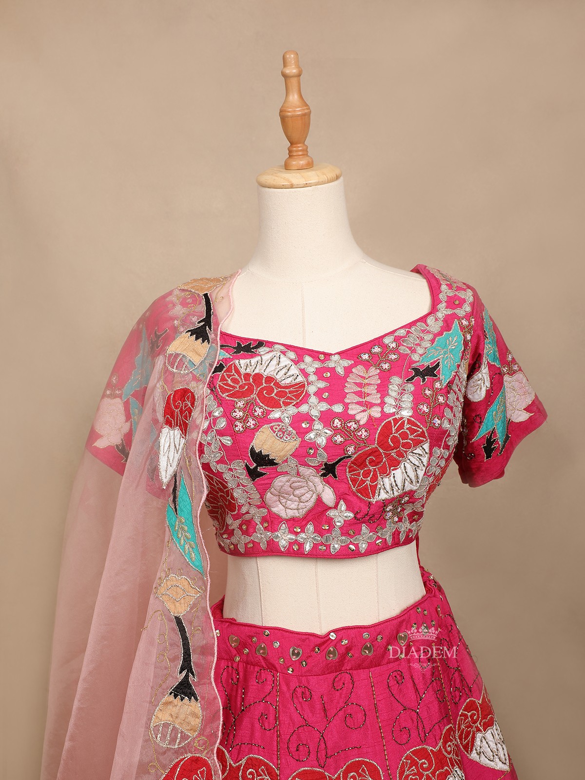 Red Pink Raw Silk Lehenga Adorned With Floral Embroideries, Paired With Dupatta