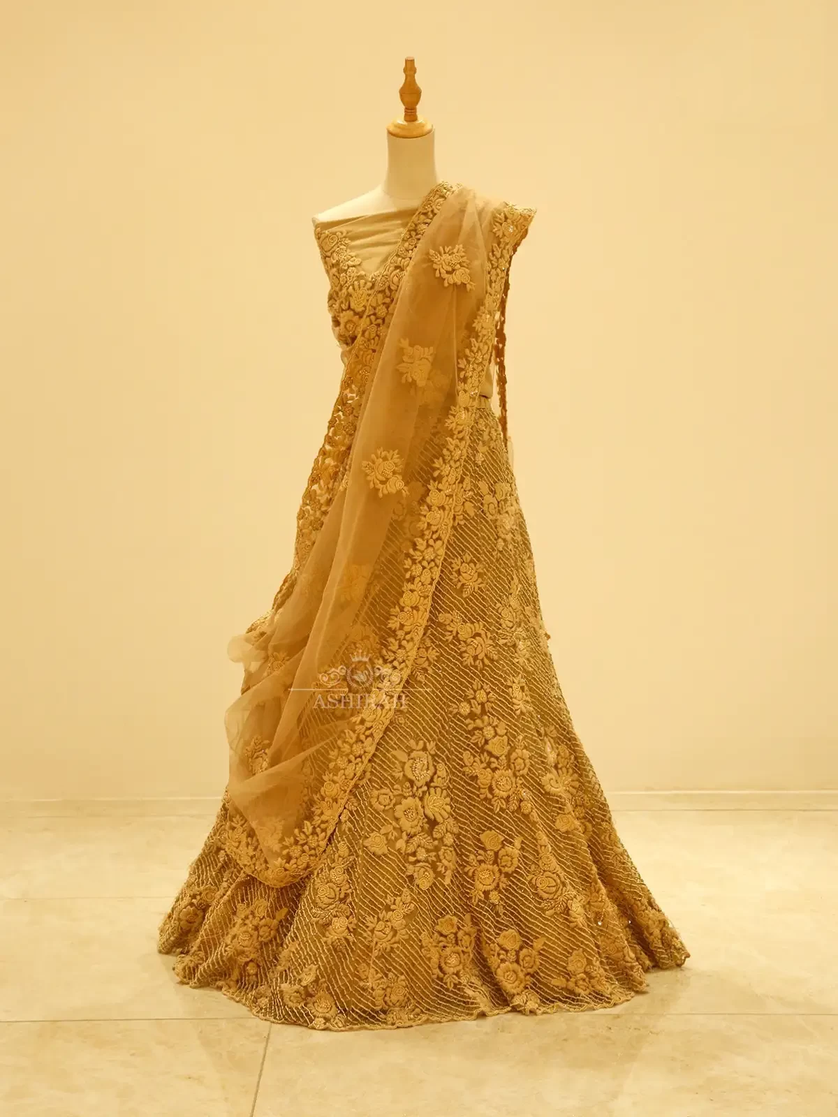 Gold Net Semi Stitched Embroidered Bridal Lehenga with Dupatta