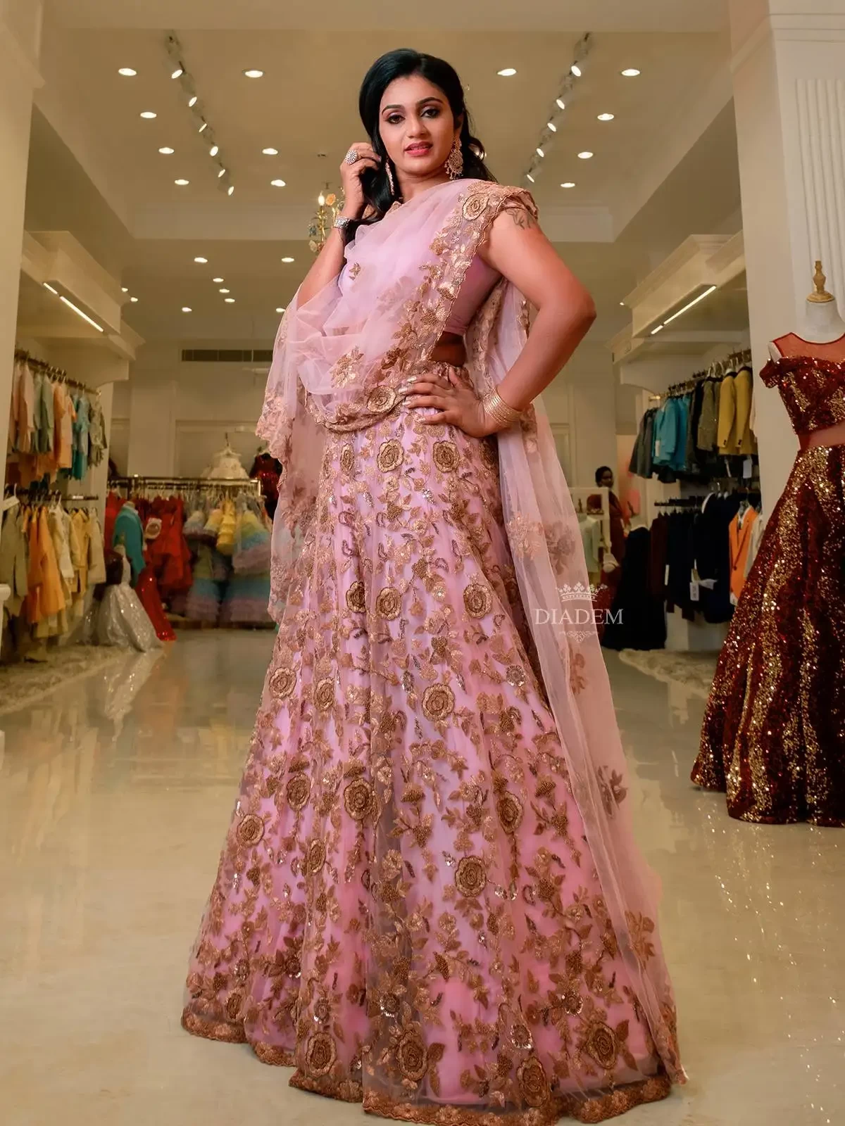 Light Pink Bridal Lehenga Embellished in Floral Zari Embroideries with Dupatta