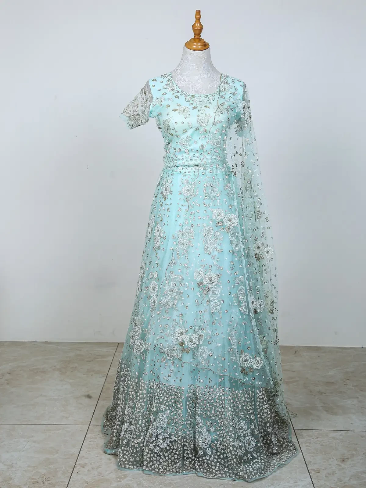 Aqua Blue Shimmer Bridal Lehenga Adorned with Beads and Dupatta