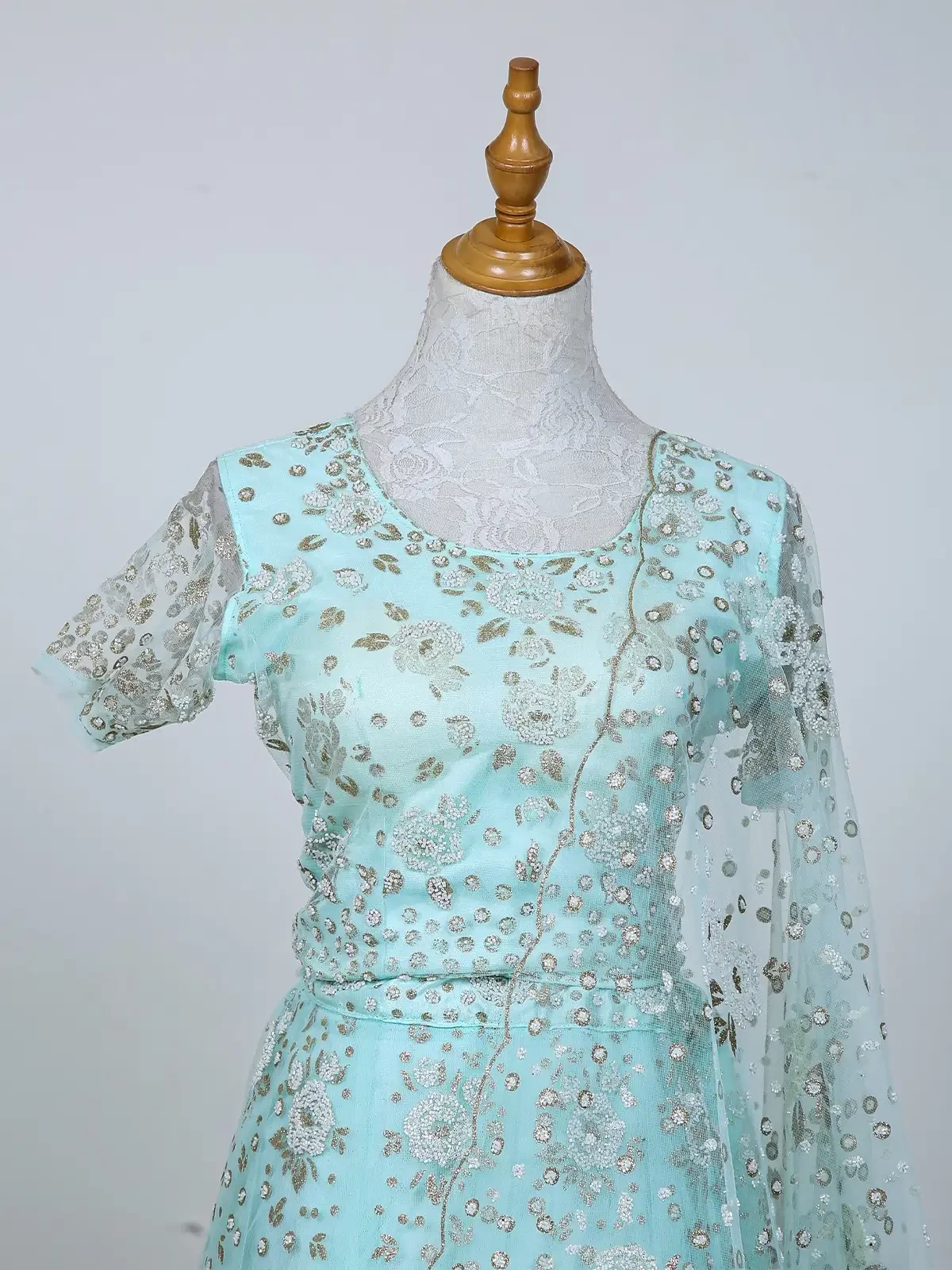 Aqua Blue Shimmer Bridal Lehenga Adorned With Beads And Dupatta