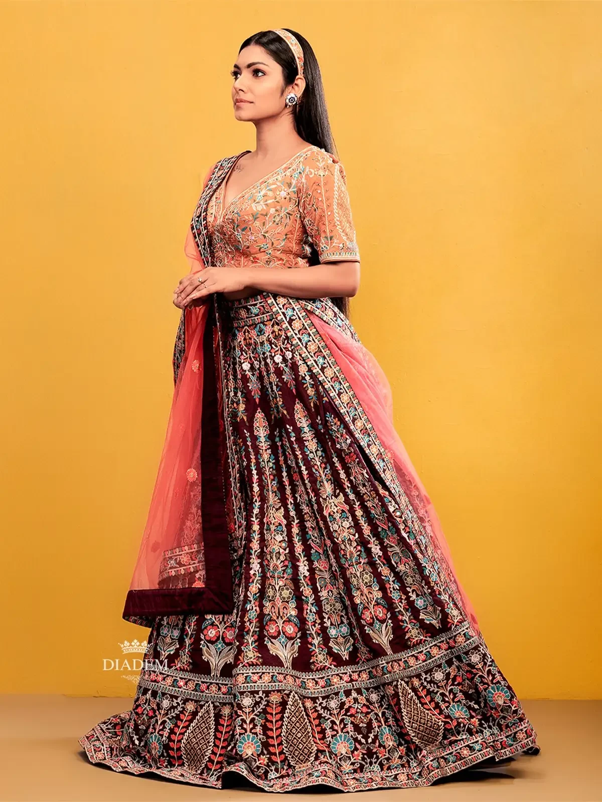 Maroon Lehenga Adorned In All Over Floral Embroideries With Dupatta