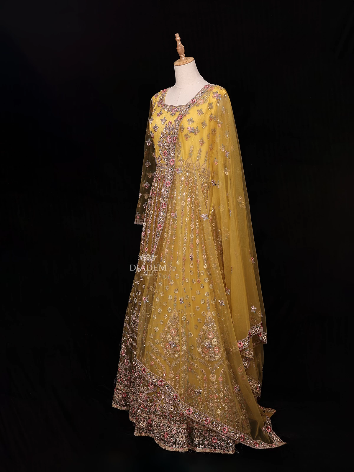 Yellow Net Gown Adorned With Embroidery And Stone Floral Design And With Dupatta
